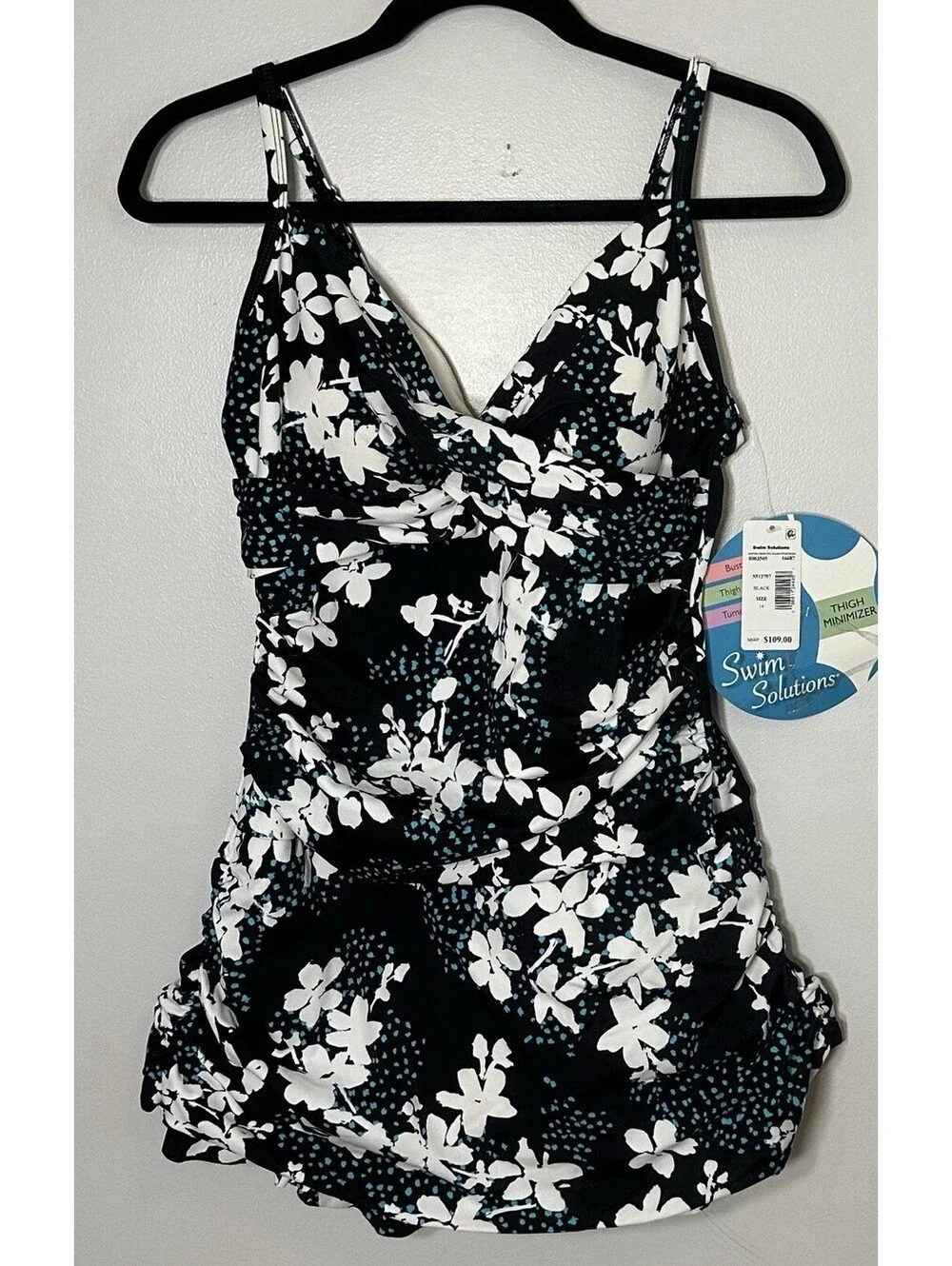 NWTS Swim Solutions Macys Slimming 1 Pc Black Floral Ruffled Ruched Swimsuit 14.